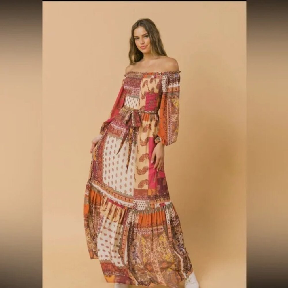 Smock bodice long sleeve off the shoulder maxi dress rust, orange, cream, brown